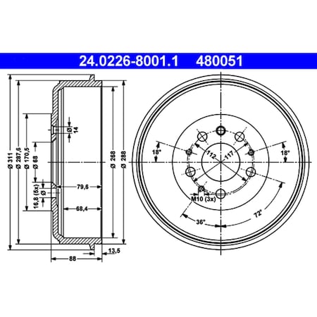 Ate Rear Brake Drum, 480051 480051